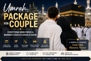 Muslim couple performing Umrah near the Kaaba with an Umrah package for Couple
